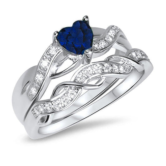 1 Carat Blue Heart Cut CZ Wedding Engagement Ring Set Sterling Silver