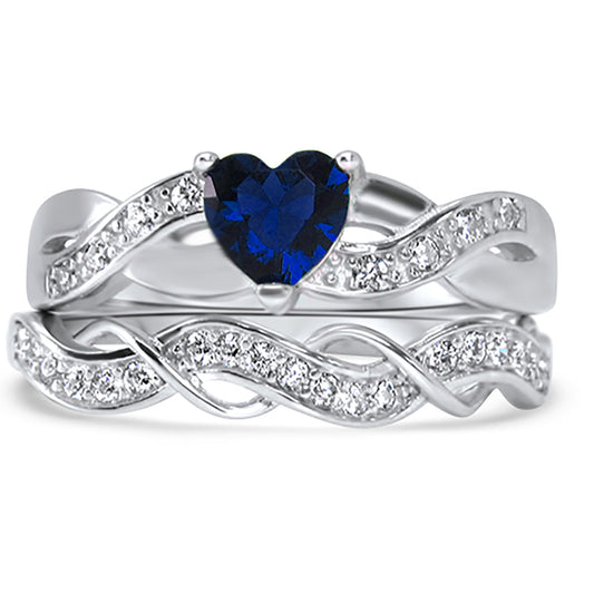 1 Carat Blue Heart Cut CZ Wedding Engagement Ring Set Sterling Silver