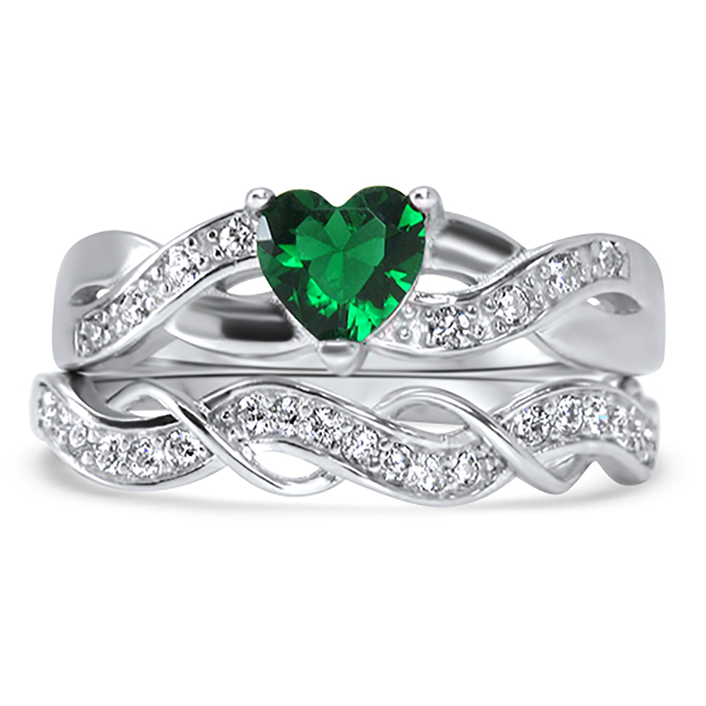 Green Simulated Emerald CZ Sterling Silver Wedding Engagement Ring Set