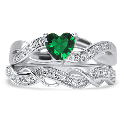 Green Simulated Emerald CZ Sterling Silver Wedding Engagement Ring Set
