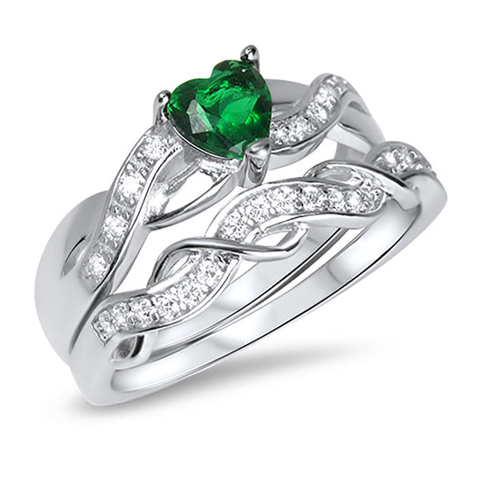 Green Simulated Emerald CZ Sterling Silver Wedding Engagement Ring Set