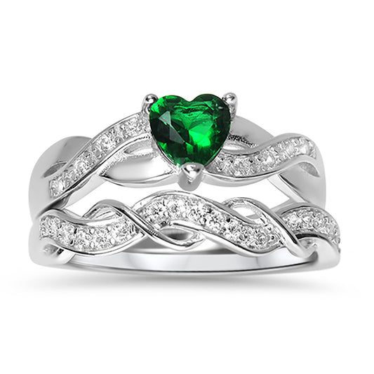 Green Simulated Emerald CZ Sterling Silver Wedding Engagement Ring Set