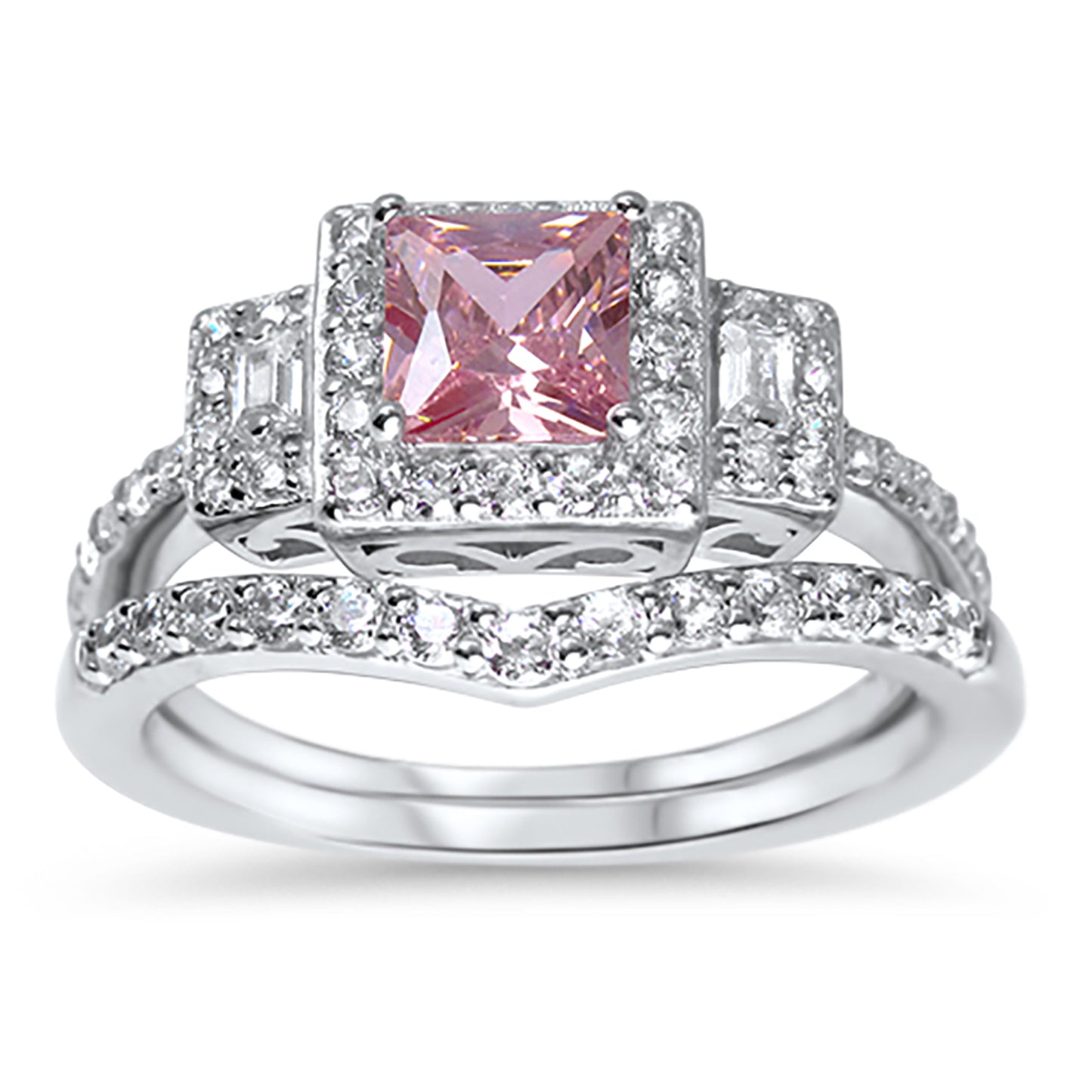 Princess Cut Pink CZ Silver Wedding Engagement Ring Set Sterling Silver