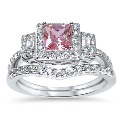 Princess Cut Pink CZ Silver Wedding Engagement Ring Set Sterling Silver
