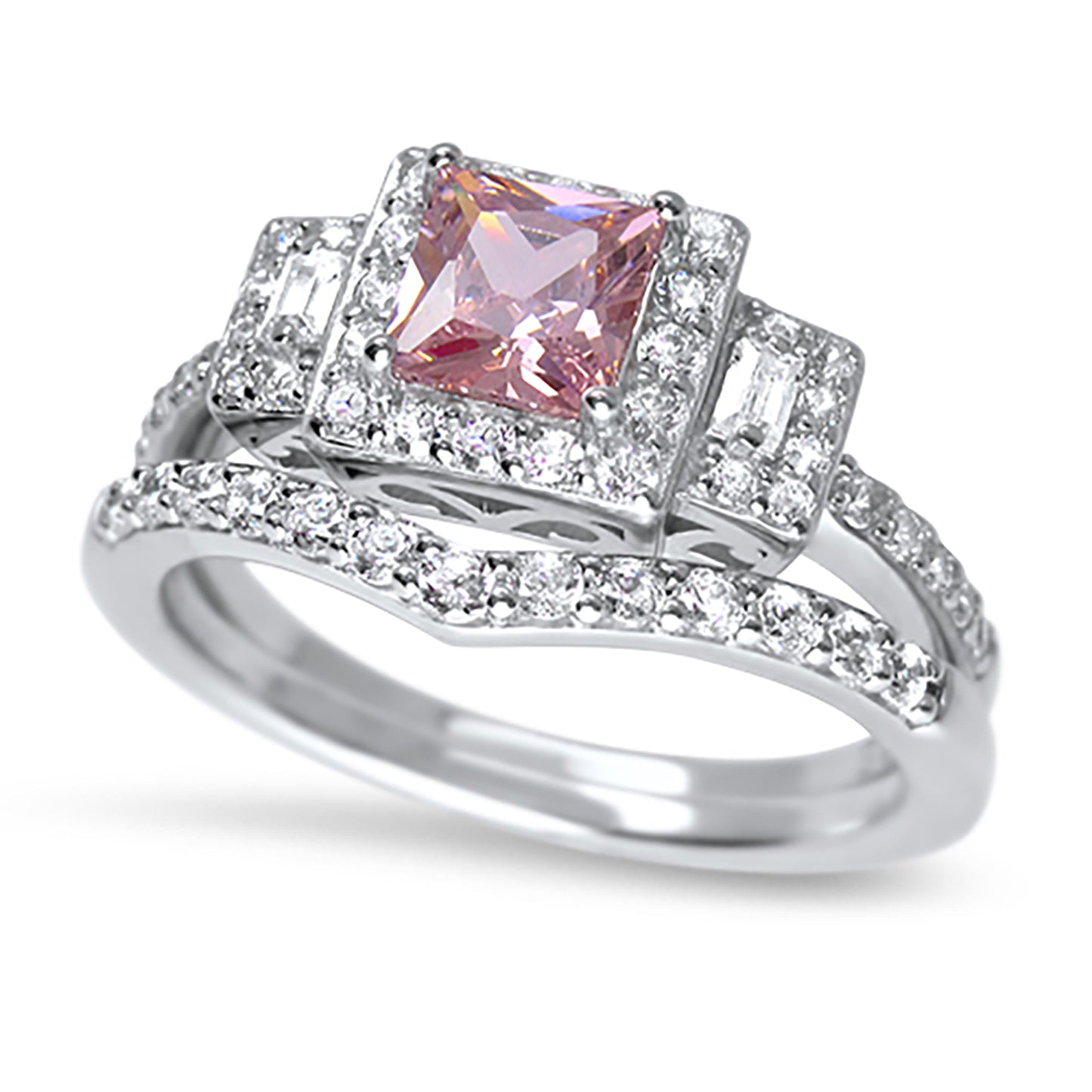 Princess Cut Pink CZ Silver Wedding Engagement Ring Set Sterling Silver