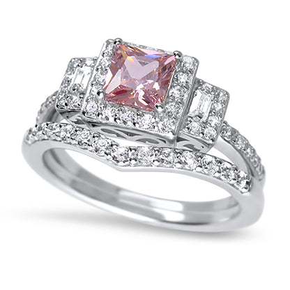 Princess Cut Pink CZ Silver Wedding Engagement Ring Set Sterling Silver