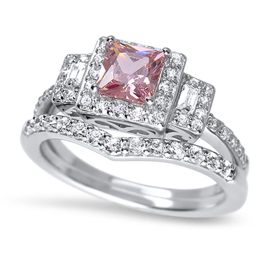 Princess Cut Pink CZ Silver Wedding Engagement Ring Set Sterling Silver