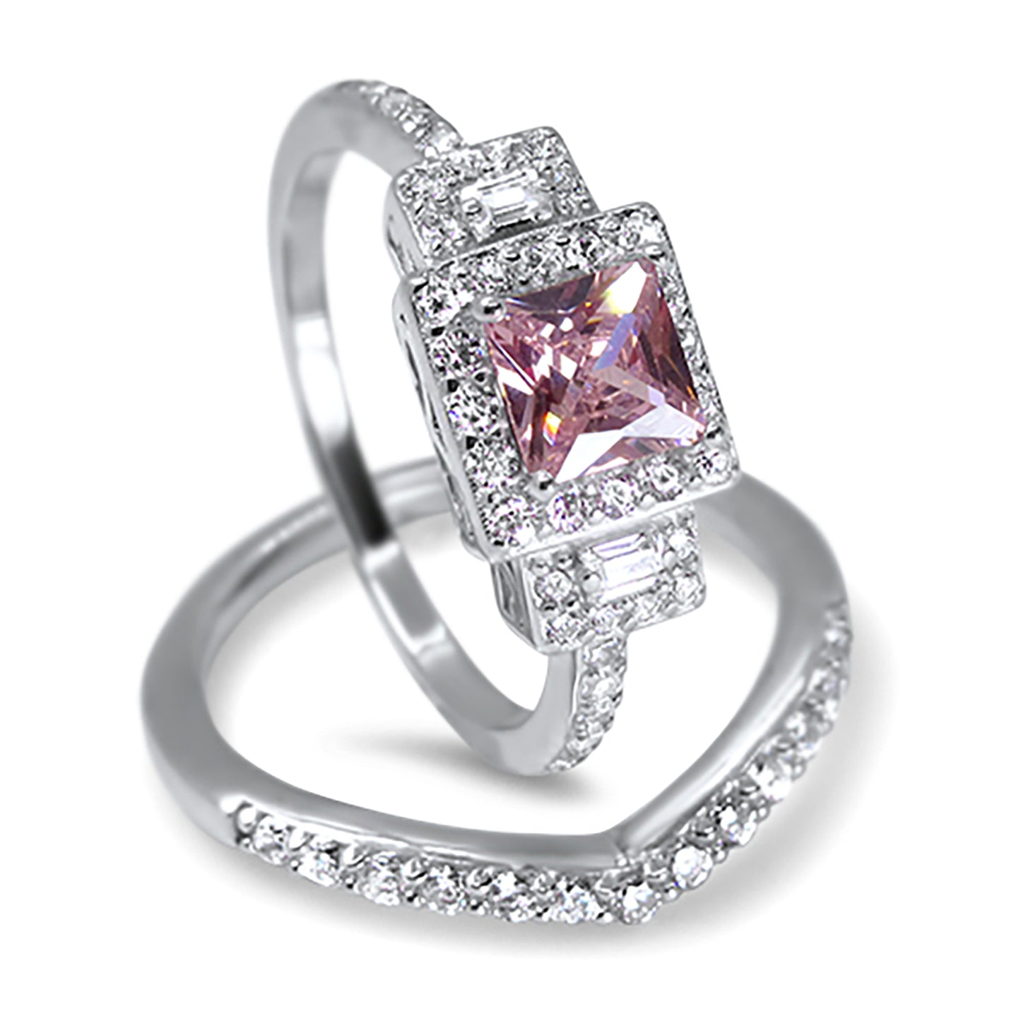 Princess Cut Pink CZ Silver Wedding Engagement Ring Set Sterling Silver
