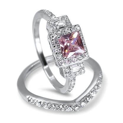 Princess Cut Pink CZ Silver Wedding Engagement Ring Set Sterling Silver