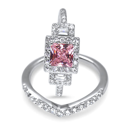 Princess Cut Pink CZ Silver Wedding Engagement Ring Set Sterling Silver