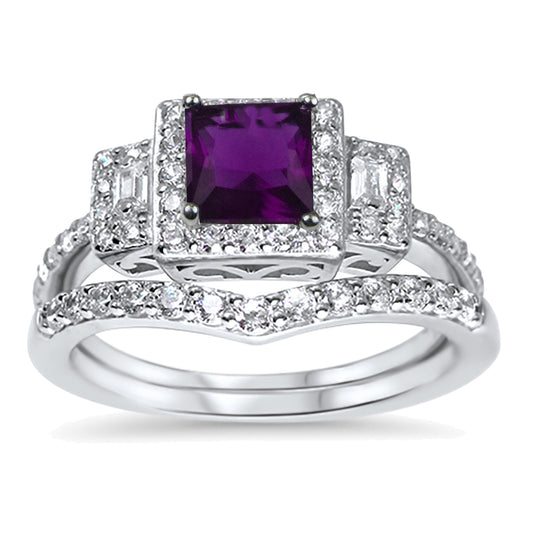 1 Carat Princess Cut Purple CZ Three Stone Wedding Engagement ring Set