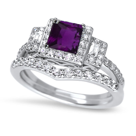 1 Carat Princess Cut Purple CZ Three Stone Wedding Engagement ring Set