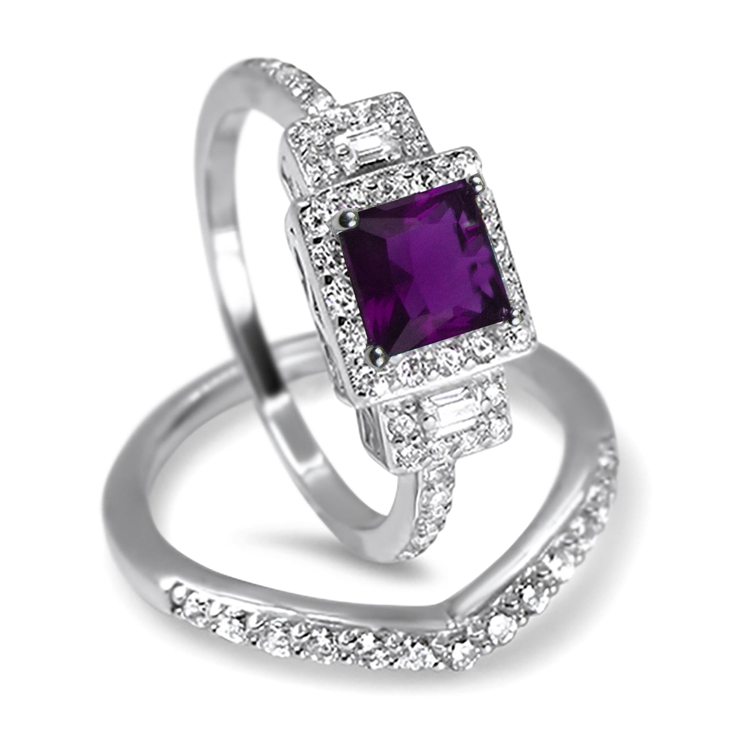 1 Carat Princess Cut Purple CZ Three Stone Wedding Engagement ring Set