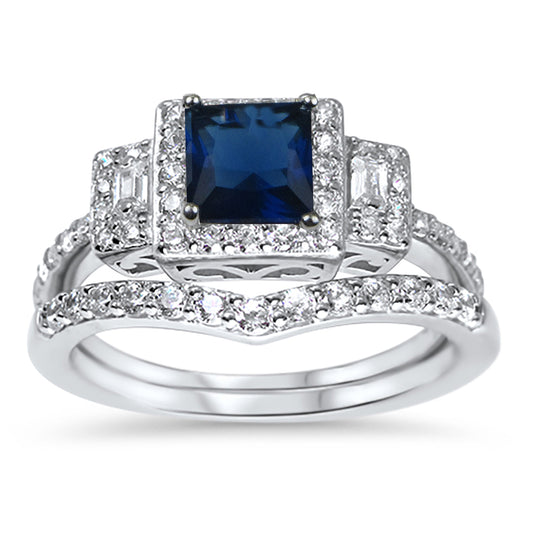 Princess Cut Blue Simulated Sapphire CZ Silver Wedding Ring Set