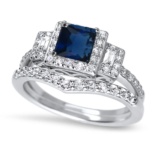 Princess Cut Blue Simulated Sapphire CZ Silver Wedding Ring Set