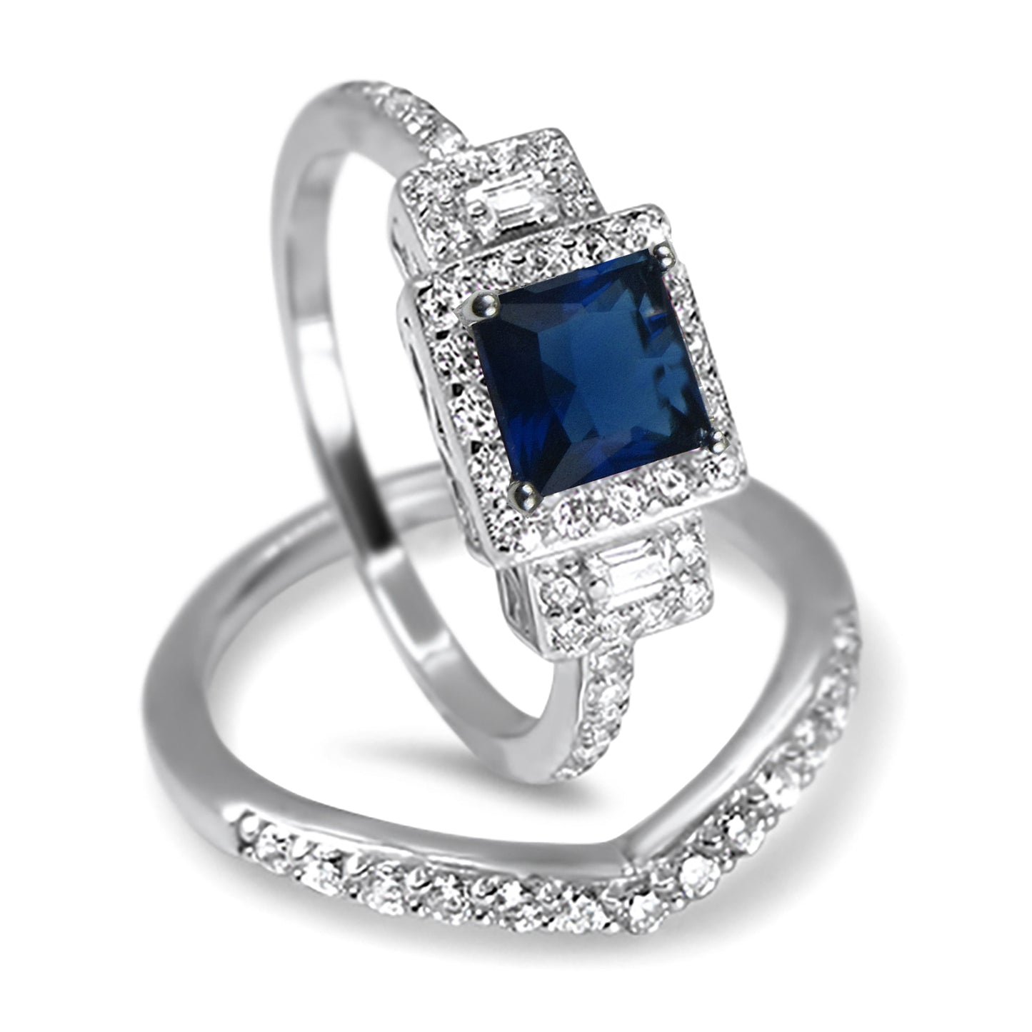 Princess Cut Blue Simulated Sapphire CZ Silver Wedding Ring Set