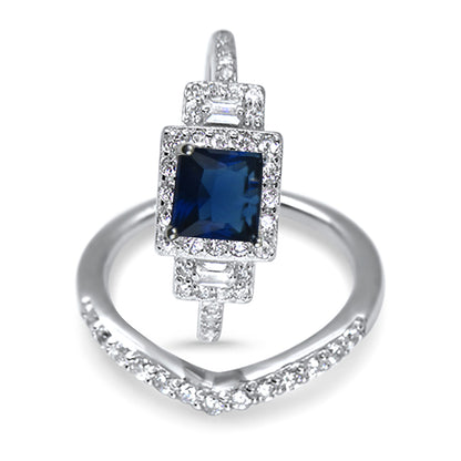 Princess Cut Blue Simulated Sapphire CZ Silver Wedding Ring Set