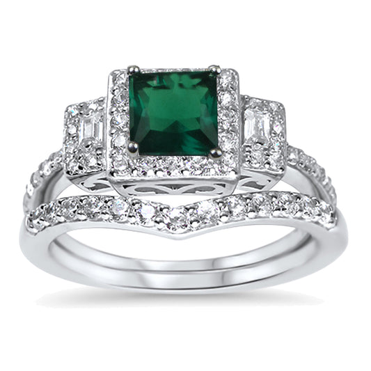 1 Carat Green CZ Simulated Emerald Wedding Engagement Ring Set