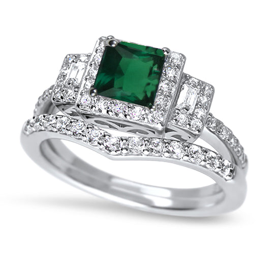 1 Carat Green CZ Simulated Emerald Wedding Engagement Ring Set