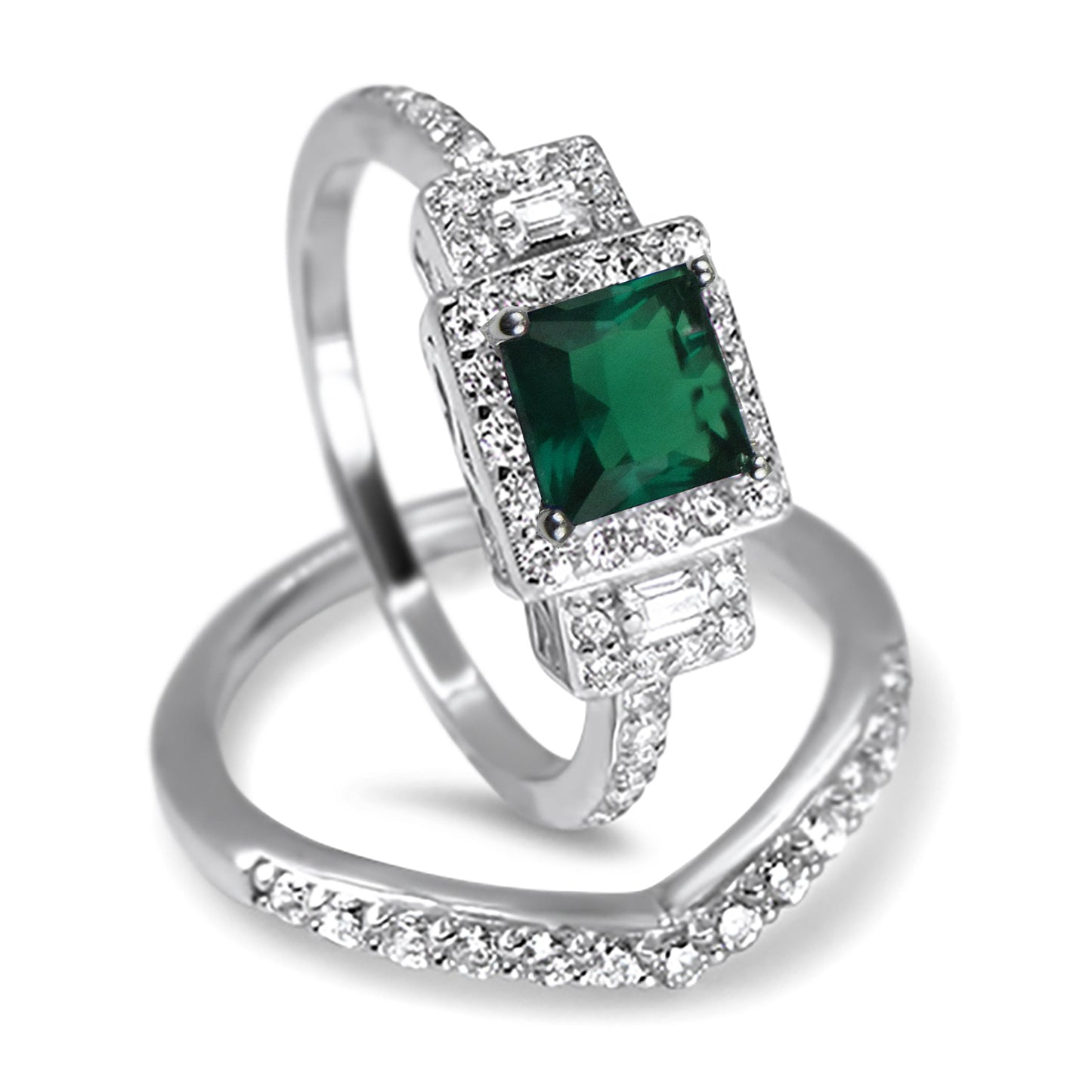 1 Carat Green CZ Simulated Emerald Wedding Engagement Ring Set