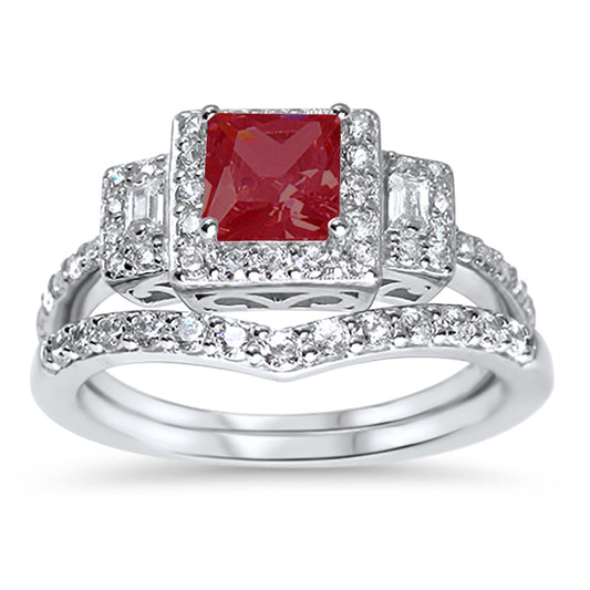 1 Carat Red Ruby Color CZ Sterling Silver Wedding Ring Set