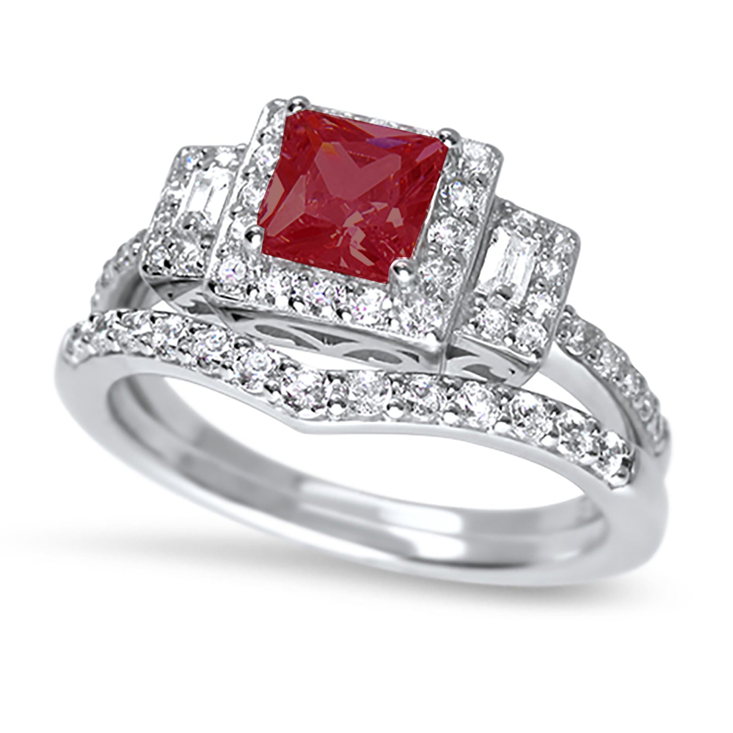 1 Carat Red Ruby Color CZ Sterling Silver Wedding Ring Set