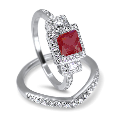 1 Carat Red Ruby Color CZ Sterling Silver Wedding Ring Set