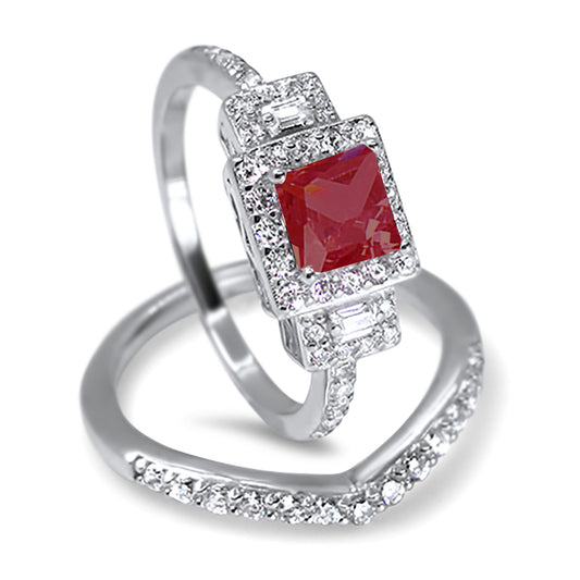 1 Carat Red Ruby Color CZ Sterling Silver Wedding Ring Set