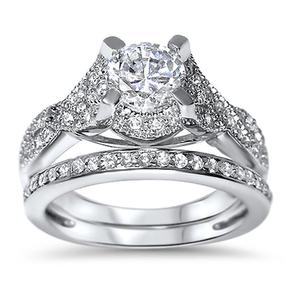 Antique CZ Wedding Engagement Ring Set in Sterling Silver