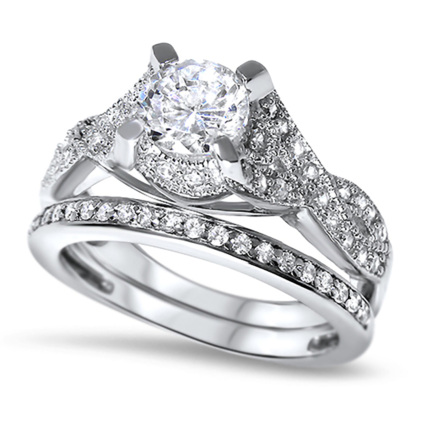 Antique CZ Wedding Engagement Ring Set in Sterling Silver