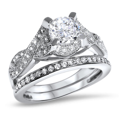 Antique CZ Wedding Engagement Ring Set in Sterling Silver