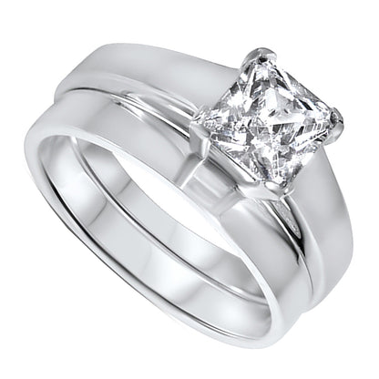 1 Carat Princess Cut CZ Wedding Engagement Ring Set in Sterling Silver