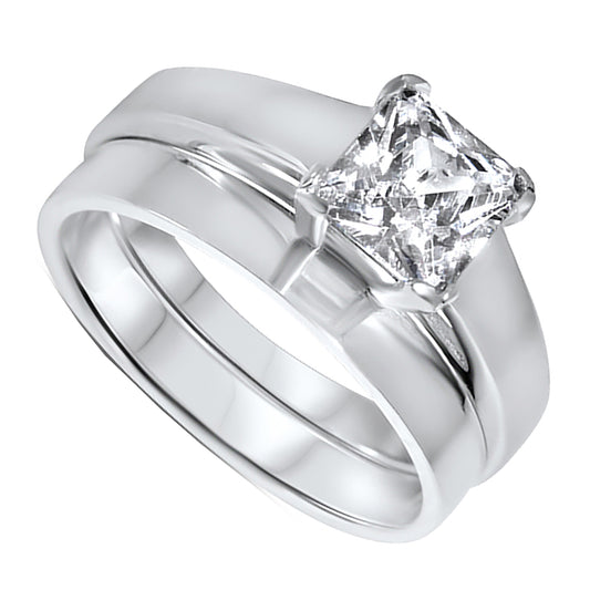 1 Carat Princess Cut CZ Wedding Engagement Ring Set in Sterling Silver