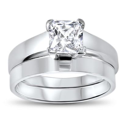 1 Carat Princess Cut CZ Wedding Engagement Ring Set in Sterling Silver