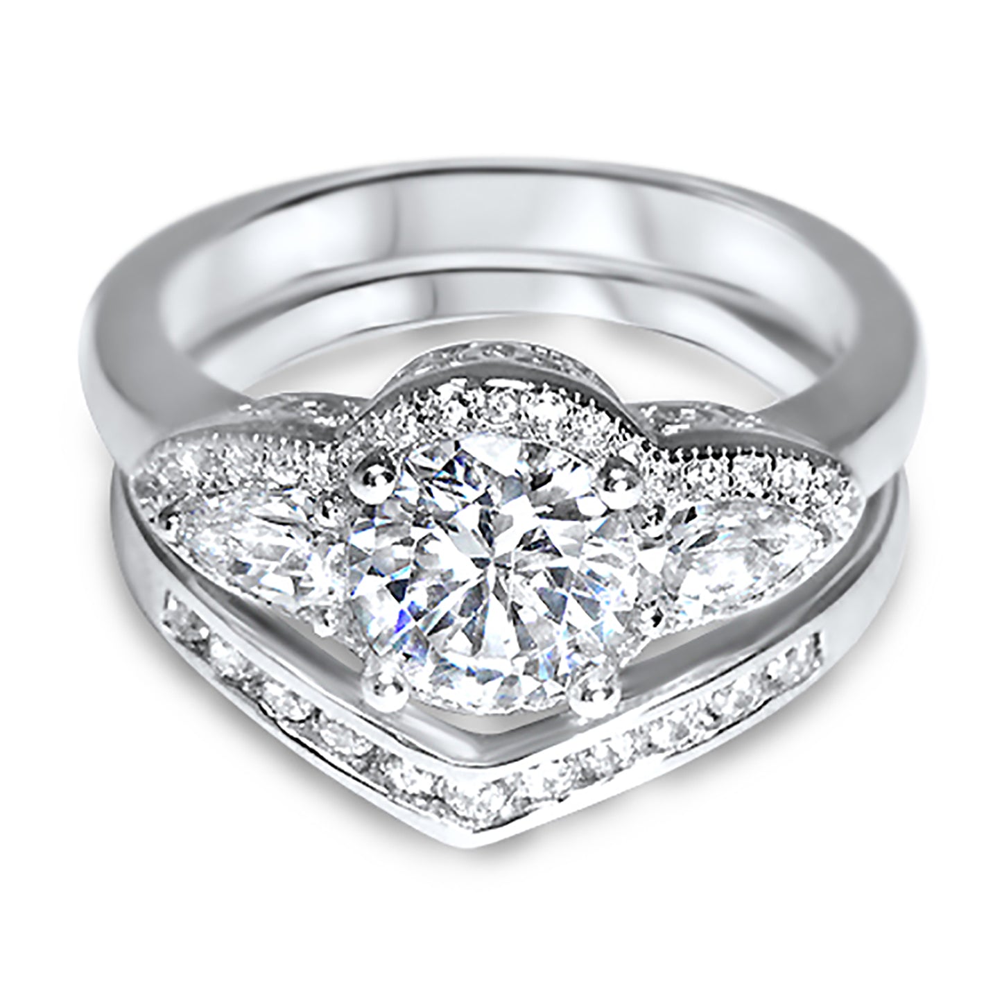 Vintage Style CZ Silver Wedding Ring Set for Women