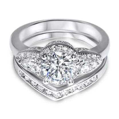 Vintage Style CZ Silver Wedding Ring Set for Women