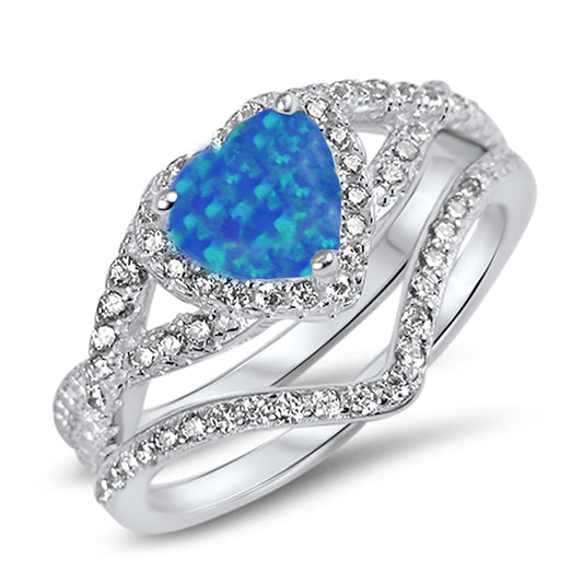 1 Carat Heart Cut Halo Set Blue Lab Opal Sterling Silver Wedding Ring Set