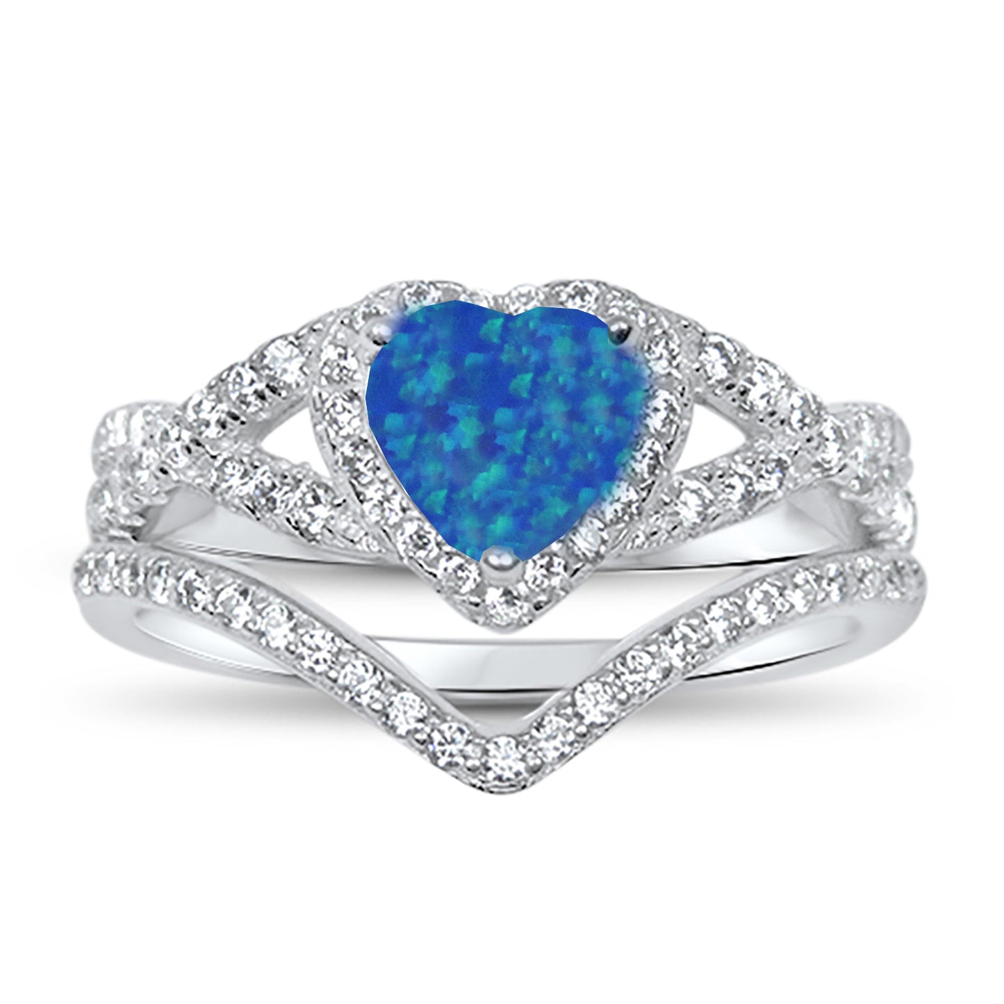 1 Carat Heart Cut Halo Set Blue Lab Opal Sterling Silver Wedding Ring Set