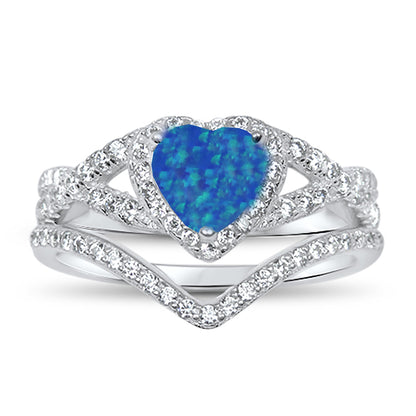 1 Carat Heart Cut Halo Set Blue Lab Opal Sterling Silver Wedding Ring Set