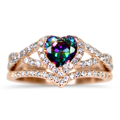 1 Carat Heart Cut Halo Set Simulated Black Topaz Wedding Ring Set in Silver