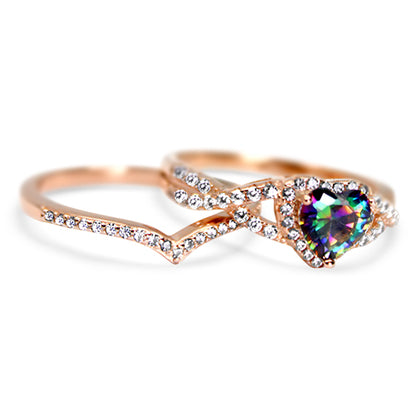 1 Carat Heart Cut Halo Set Simulated Black Topaz Wedding Ring Set in Silver