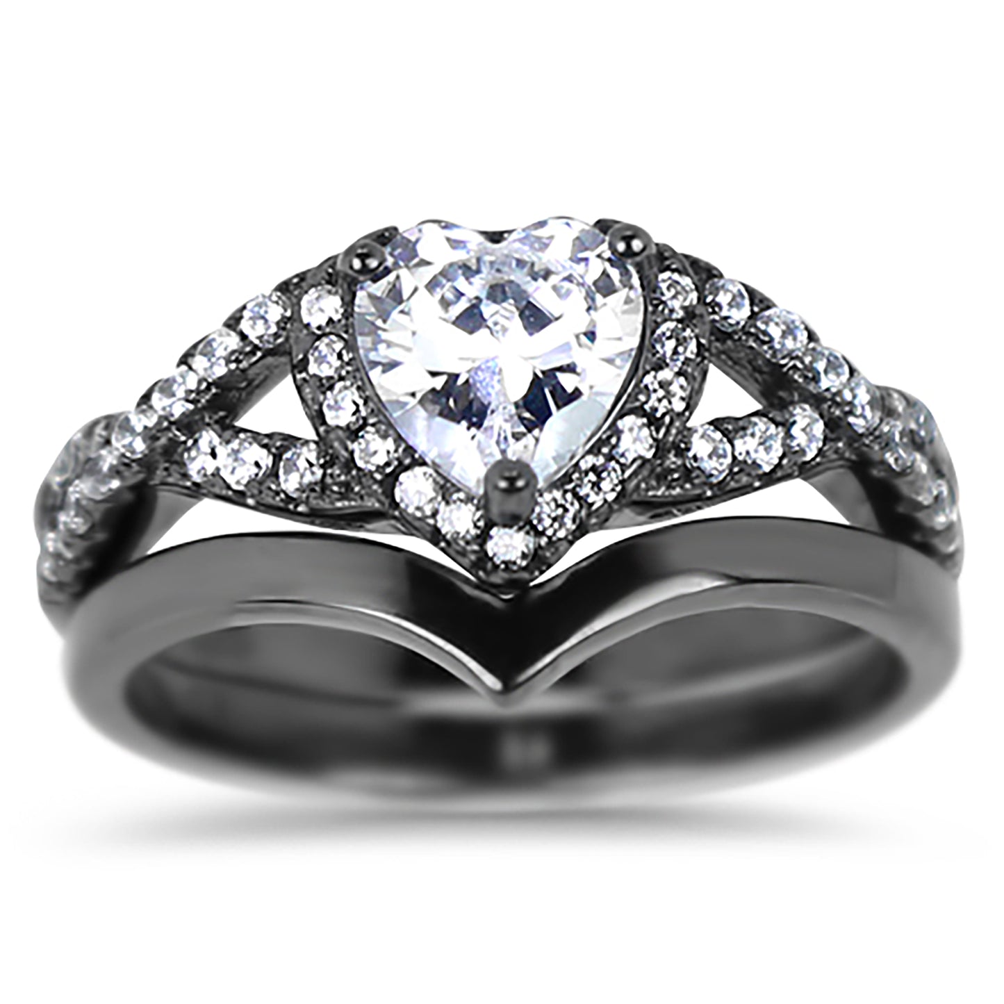 1 Carat Heart Cut Halo Setting Black Rhodium Plated Silver Wedding Engagement Ring Set