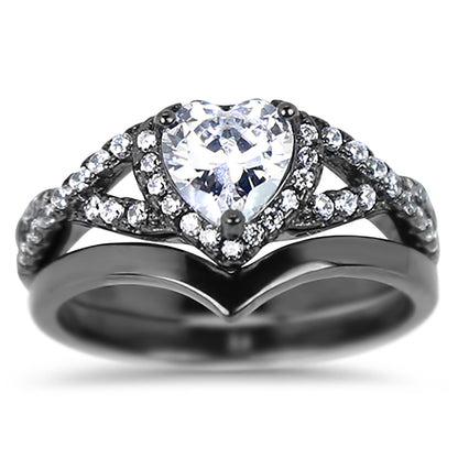 1 Carat Heart Cut Halo Setting Black Rhodium Plated Silver Wedding Engagement Ring Set