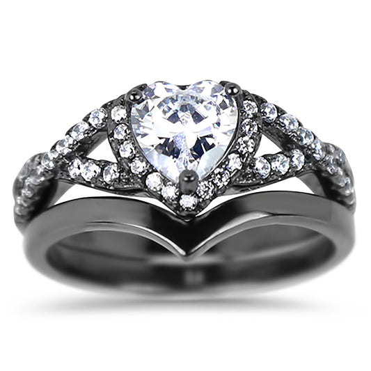 1 Carat Heart Cut Halo Setting Black Rhodium Plated Silver Wedding Engagement Ring Set