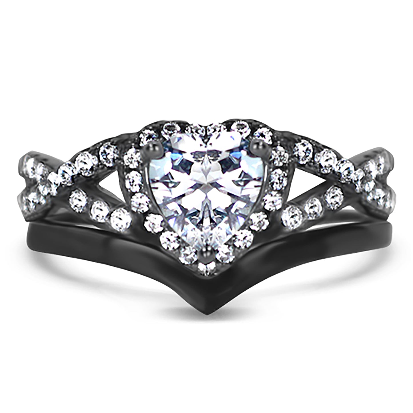 1 Carat Heart Cut Halo Setting Black Rhodium Plated Silver Wedding Engagement Ring Set