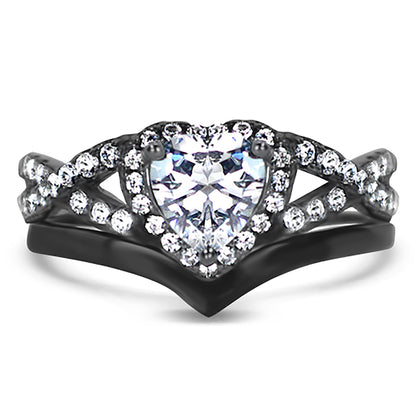 1 Carat Heart Cut Halo Setting Black Rhodium Plated Silver Wedding Engagement Ring Set
