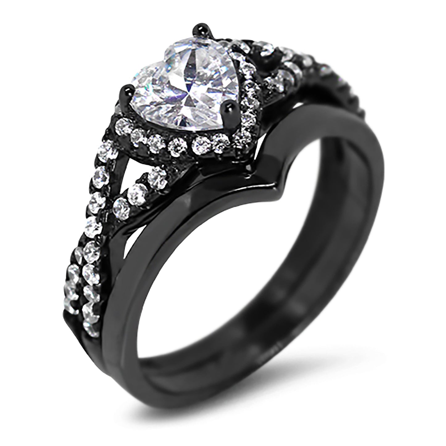 1 Carat Heart Cut Halo Setting Black Rhodium Plated Silver Wedding Engagement Ring Set