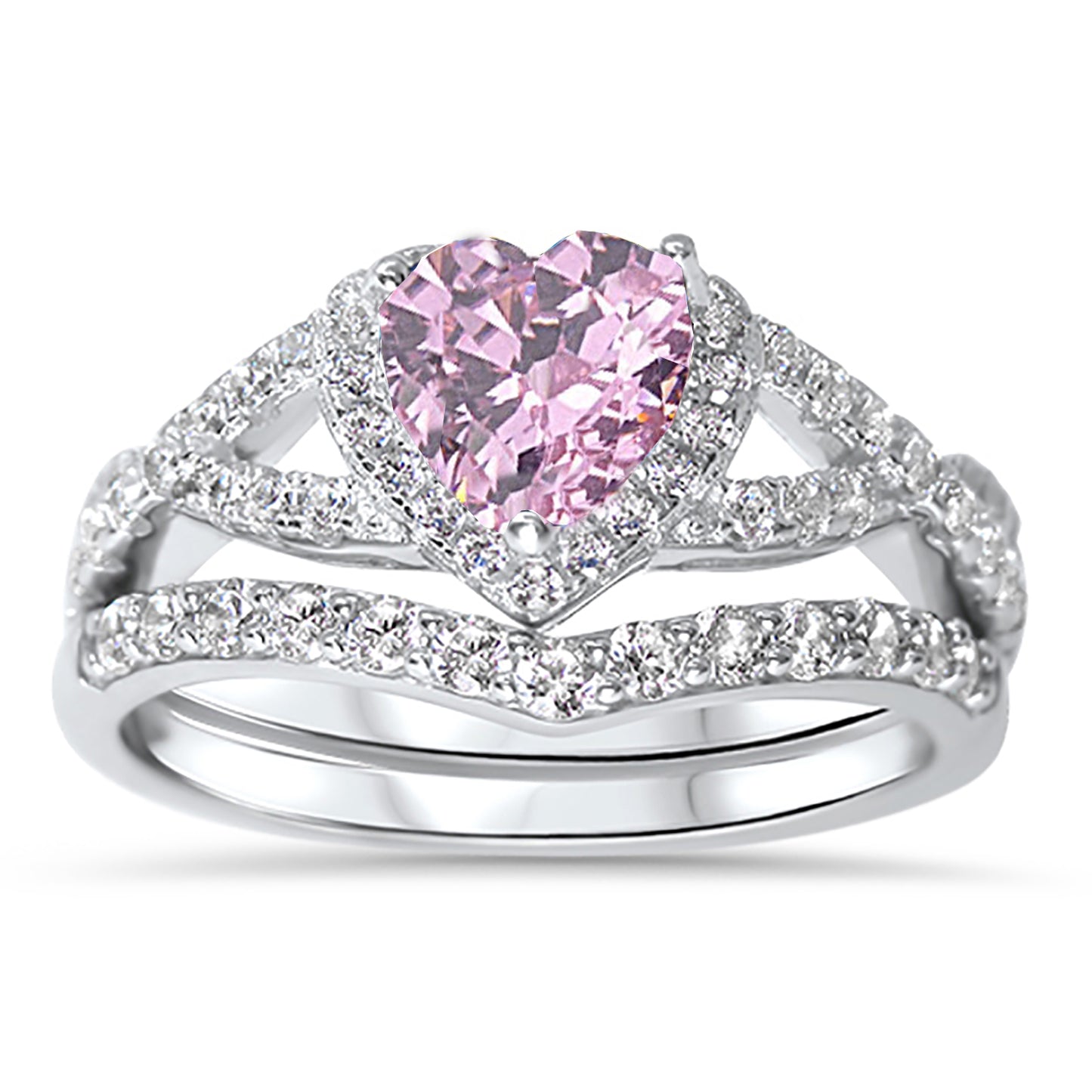 1 Carat Halo Heart Cut Pink CZ Wedding Ring Set in Sterling Silver