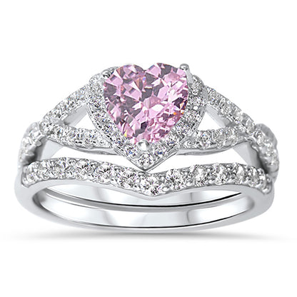 1 Carat Halo Heart Cut Pink CZ Wedding Ring Set in Sterling Silver
