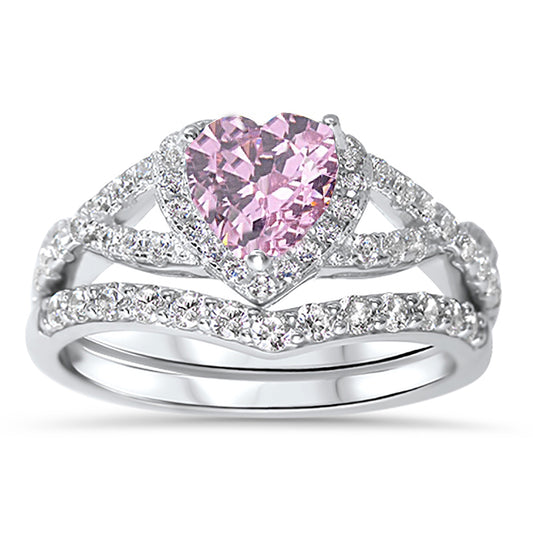 1 Carat Halo Heart Cut Pink CZ Wedding Ring Set in Sterling Silver